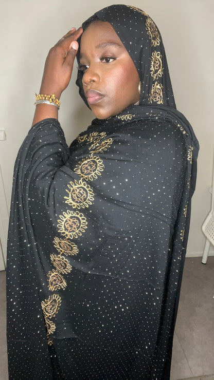 Dampé à motif noir strass avec broderie fleur