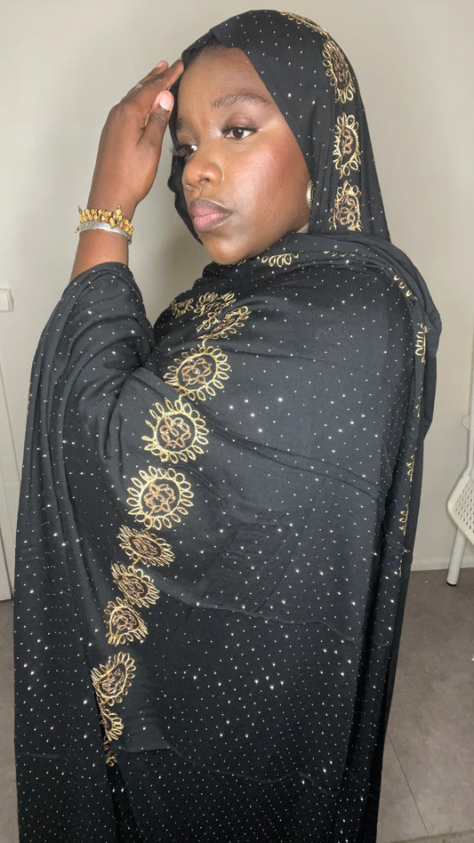 Dampé à motif noir strass avec broderie fleur