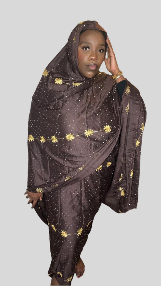 Dampe marron a motif avec strass et broderie